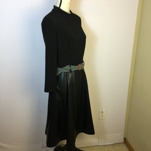 Calvin Klein Fit & Flare Dress Size 8 Black Faux Leather Mock Neck 3/4 Sleeve - Picture 2 of 14
